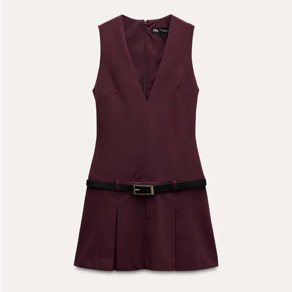 NWT Zara Belted box pleated Burgundy Sleeveless Dress size large
